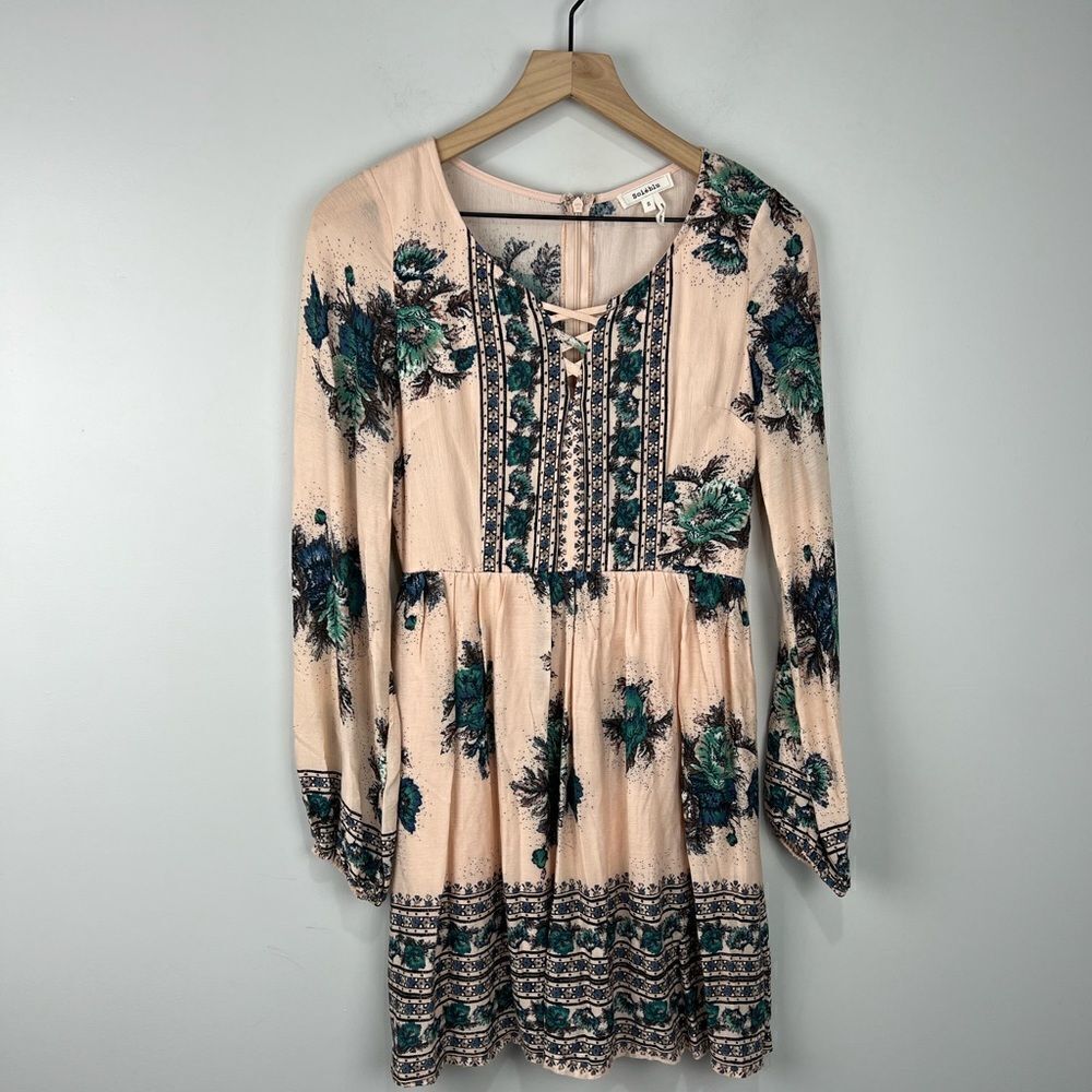 Soieblu Pink Long Sleeve Dress With Blue/Green Floral Pattern